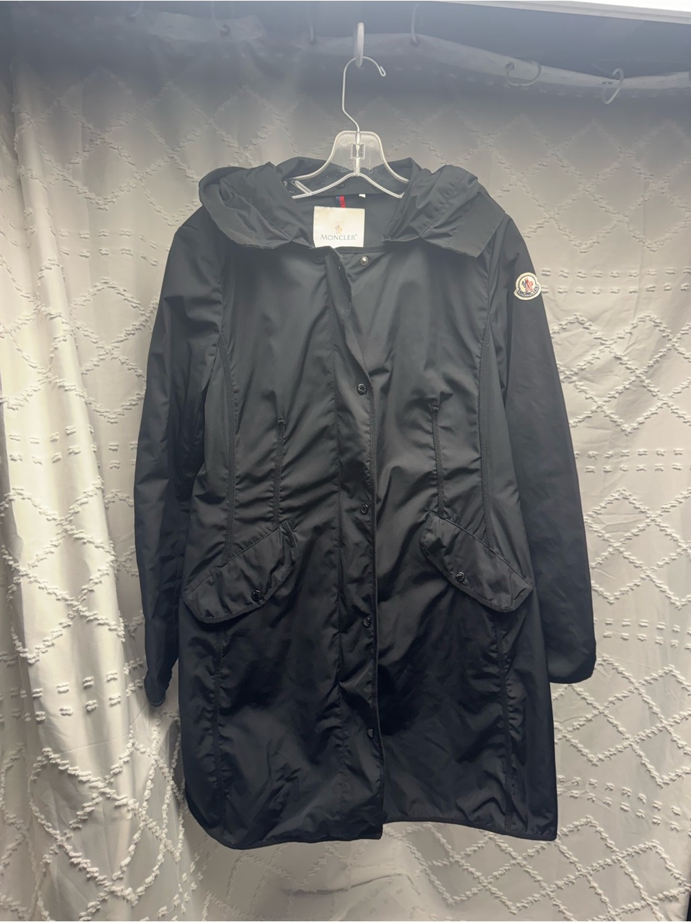 Moncler Black Hooded Trench Coat with Logo Patch